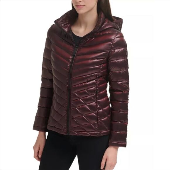 CALVIN KLEIN Hooded Packable Premium Down Puffer Coat Eggplant Wine XS - Picture 1 of 15